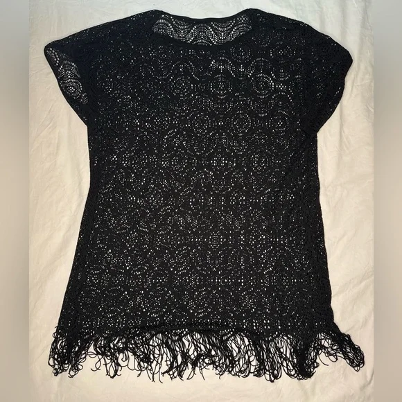 Swim Coverup Top / Dress / Crochet with Fringe Bottom / Black / X-Large / Design - Picture 2 of 6